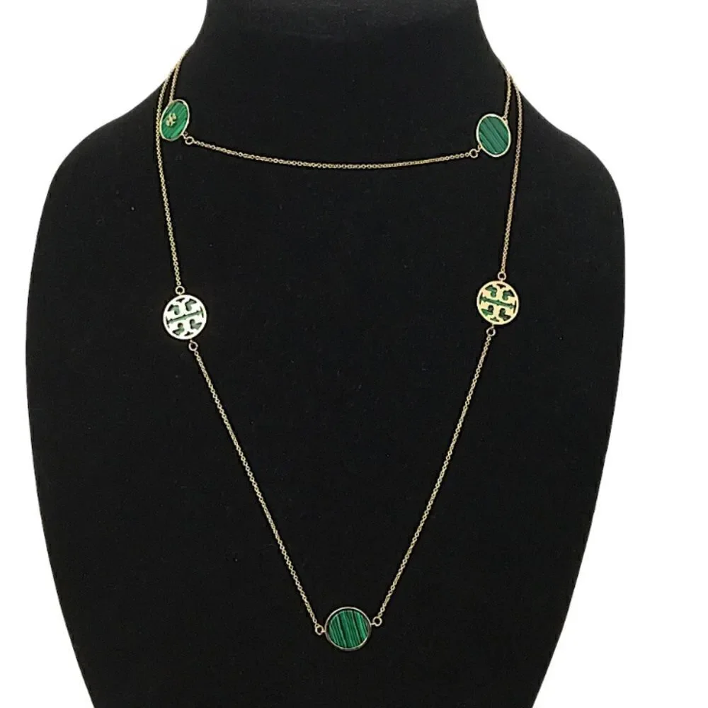 TORY BURCH DOUBLE T LOGO / MALACHITE NECKLACE